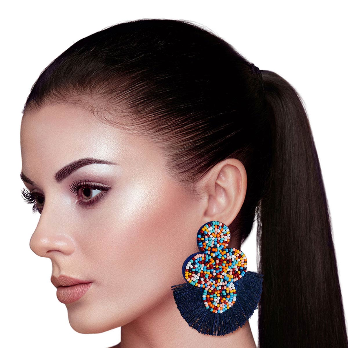 Quad Circle Blue Fan Tassel Earrings