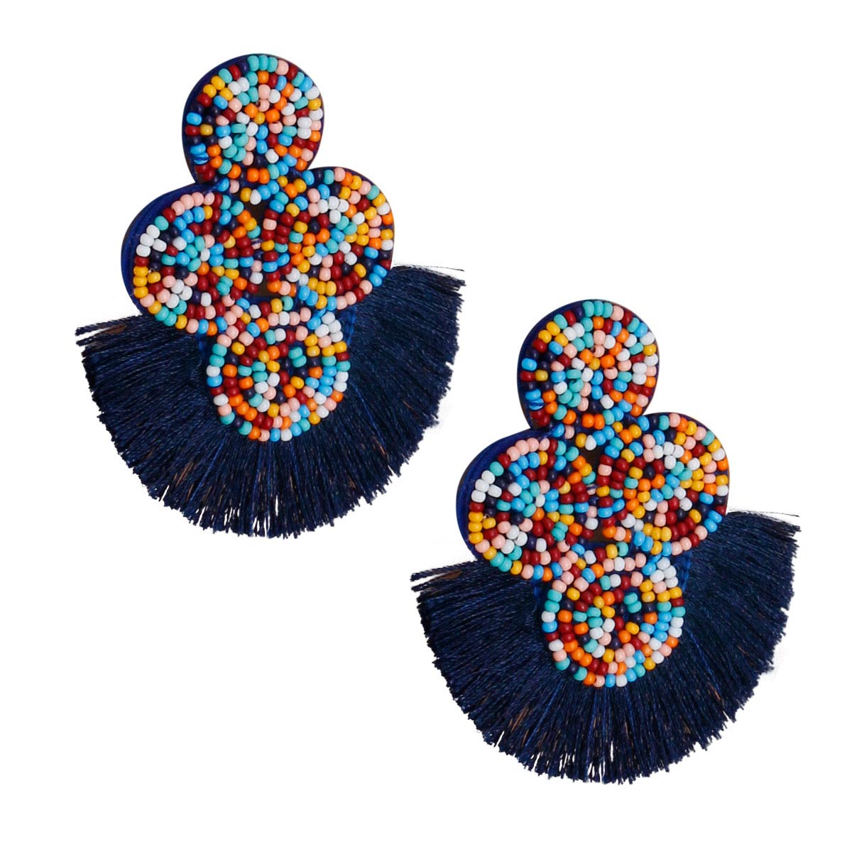 Quad Circle Blue Fan Tassel Earrings