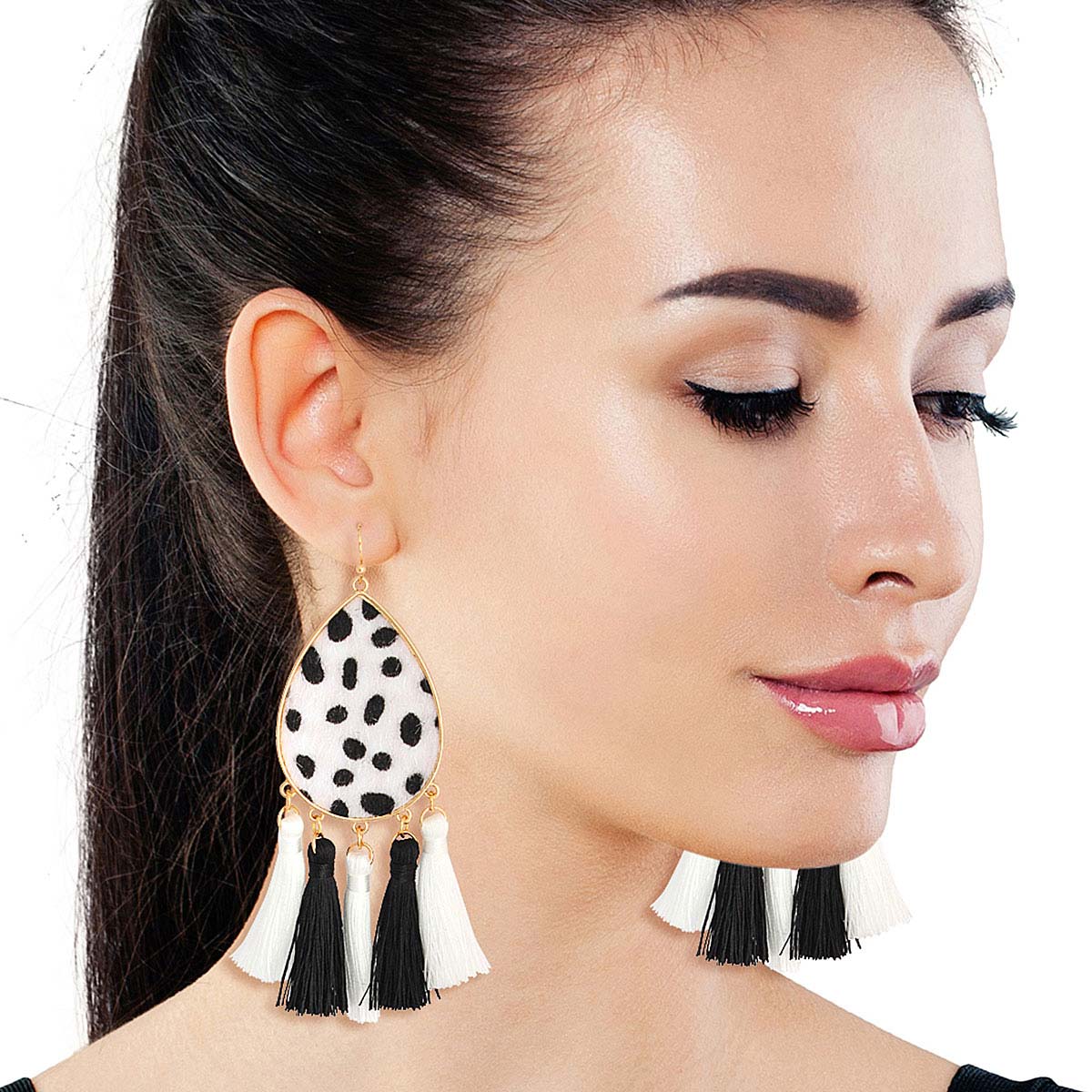 Black and White Cheetah Tassel Earrings