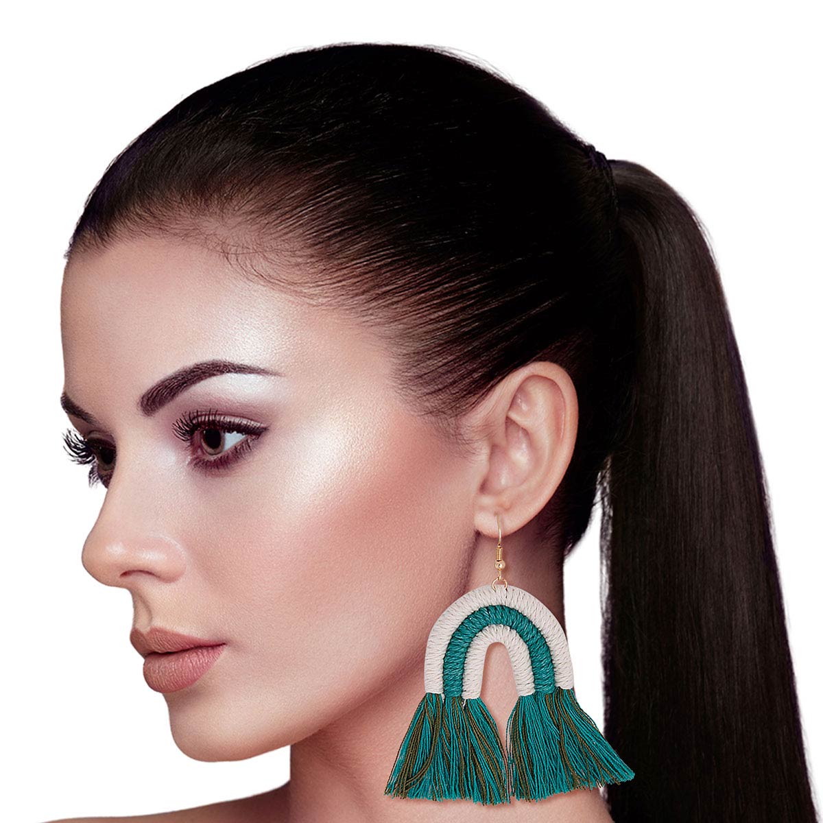 Teal Tassel Arc Earrings