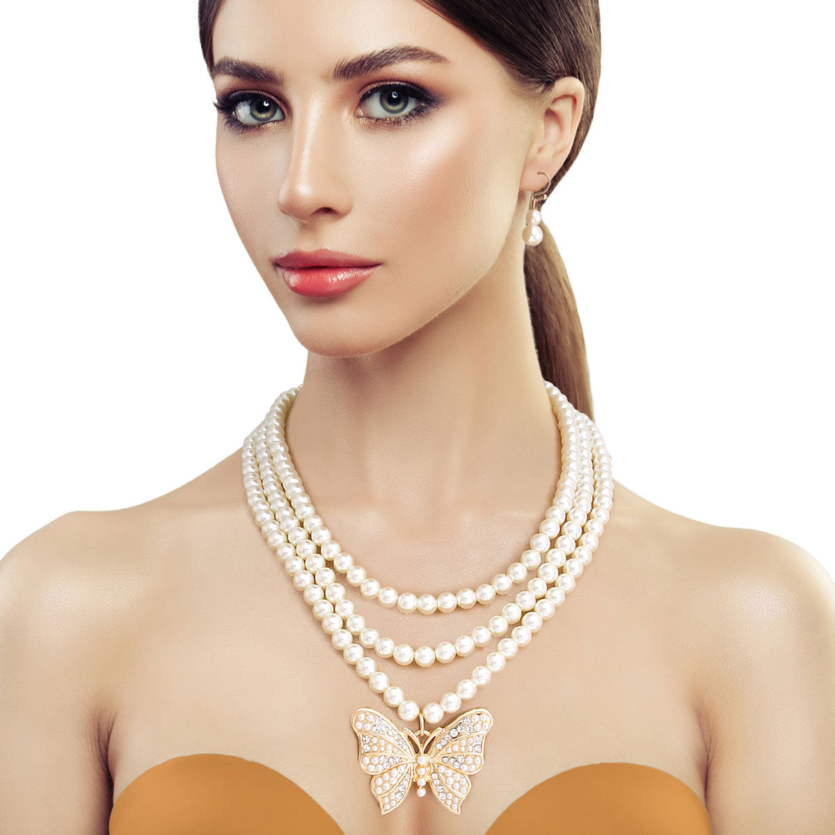 Triple Strand Cream Pearl Butterfly Necklace