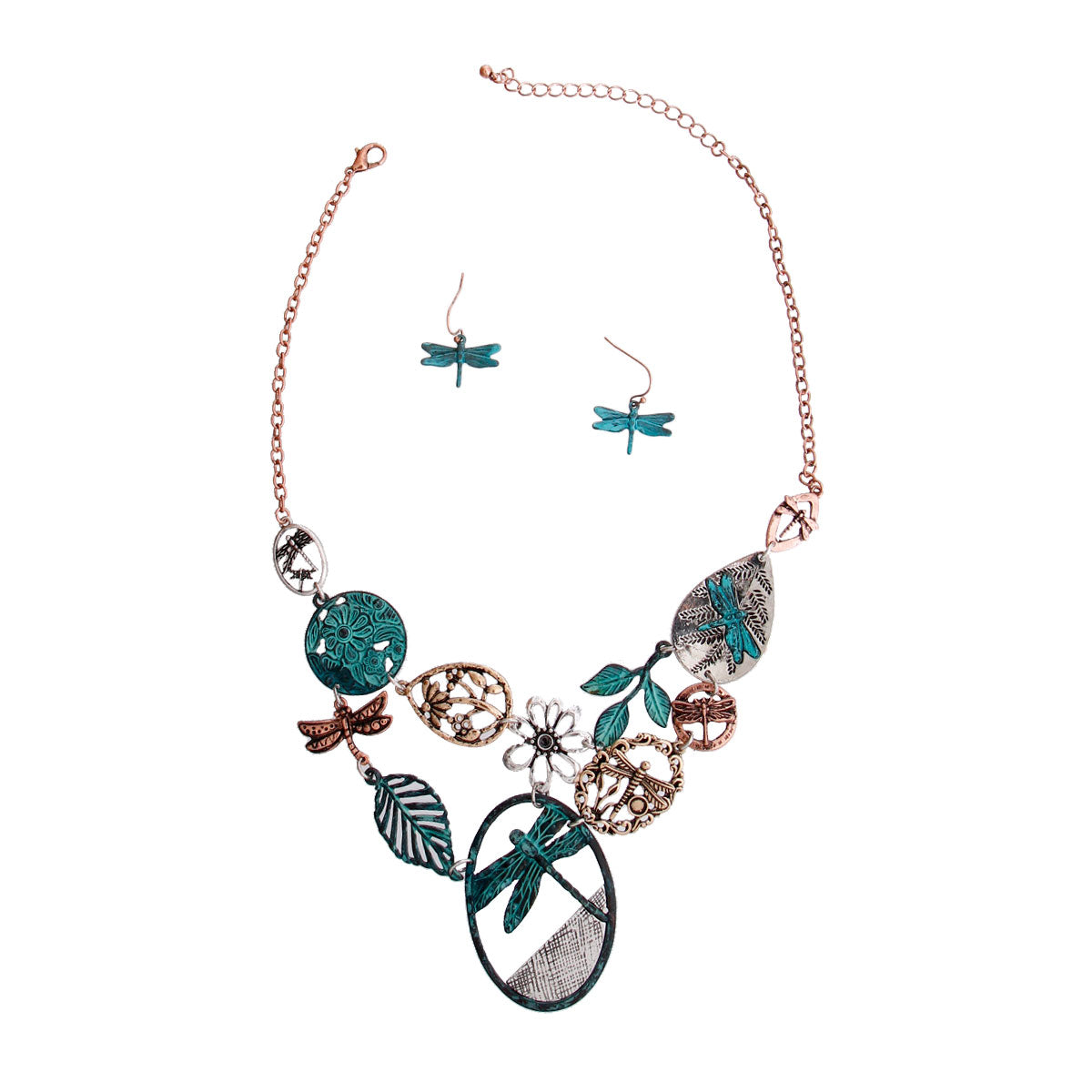 Patina Metal Dragonfly Engraved Necklace