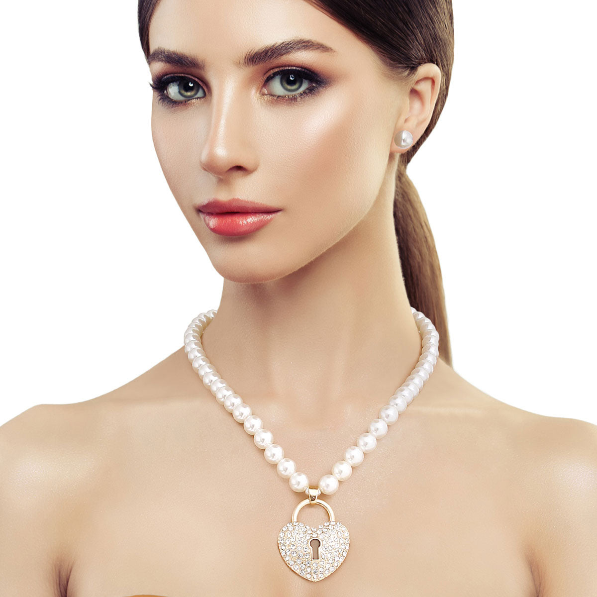 Cream Pearl Heart Lock Pendant Necklace