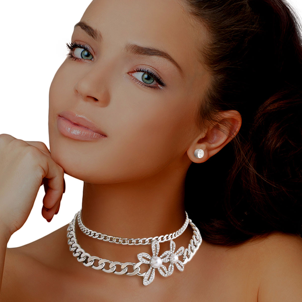 Silver Heavyweight Chain Flower Choker Set