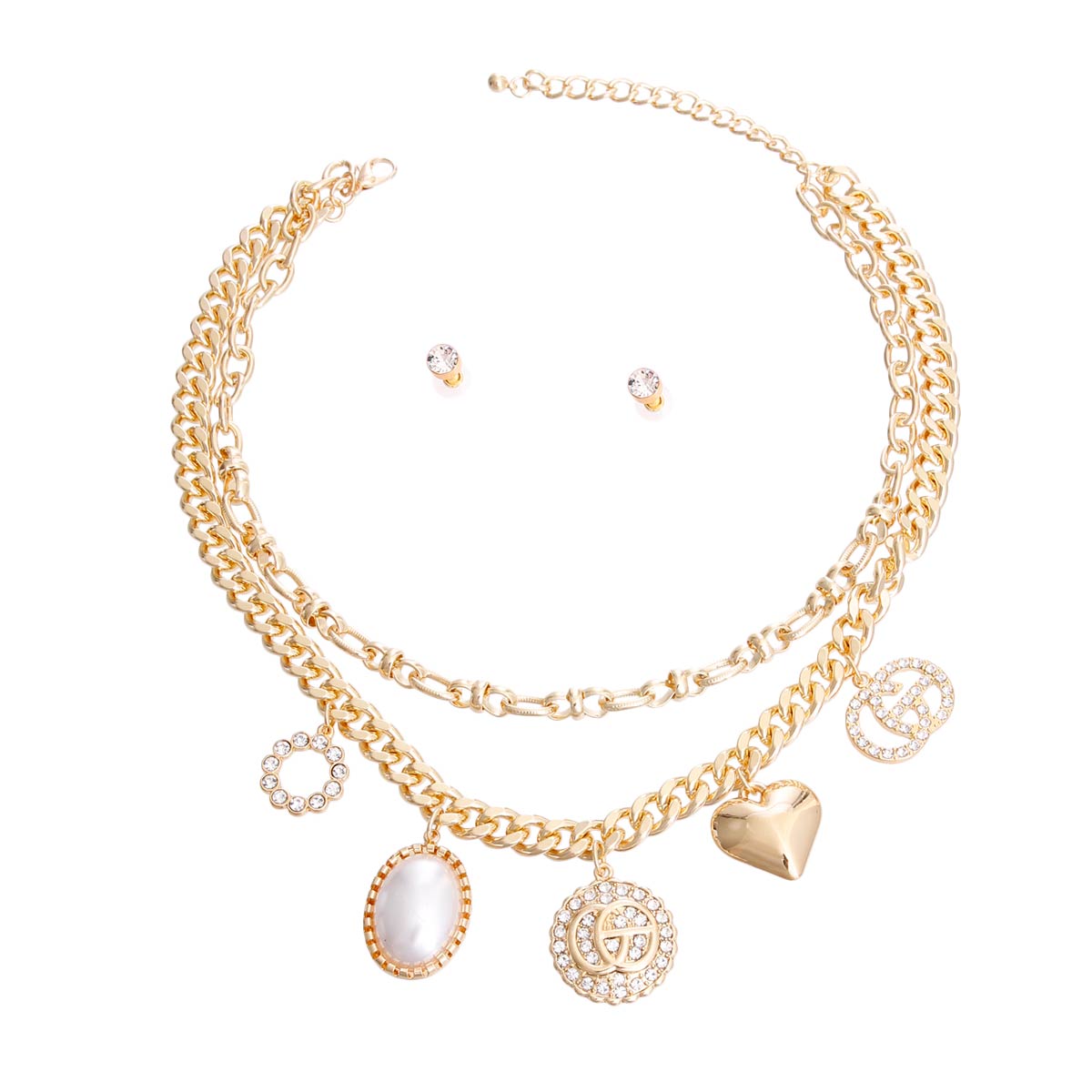 Gold Cable and Curb Chain Charm Necklace