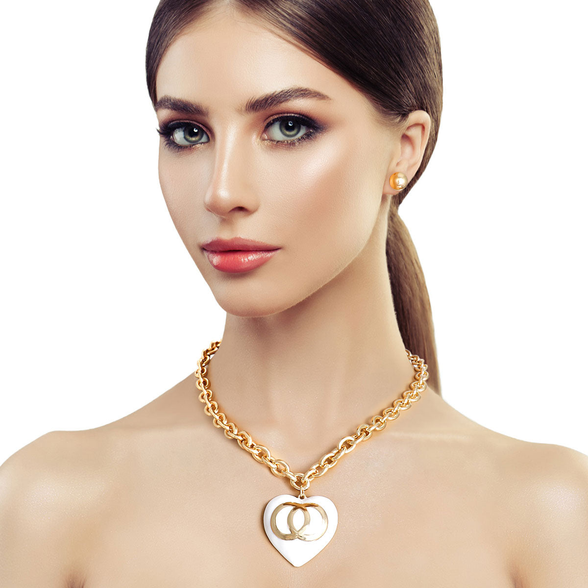 Gold Cable Chain White Heart Necklace