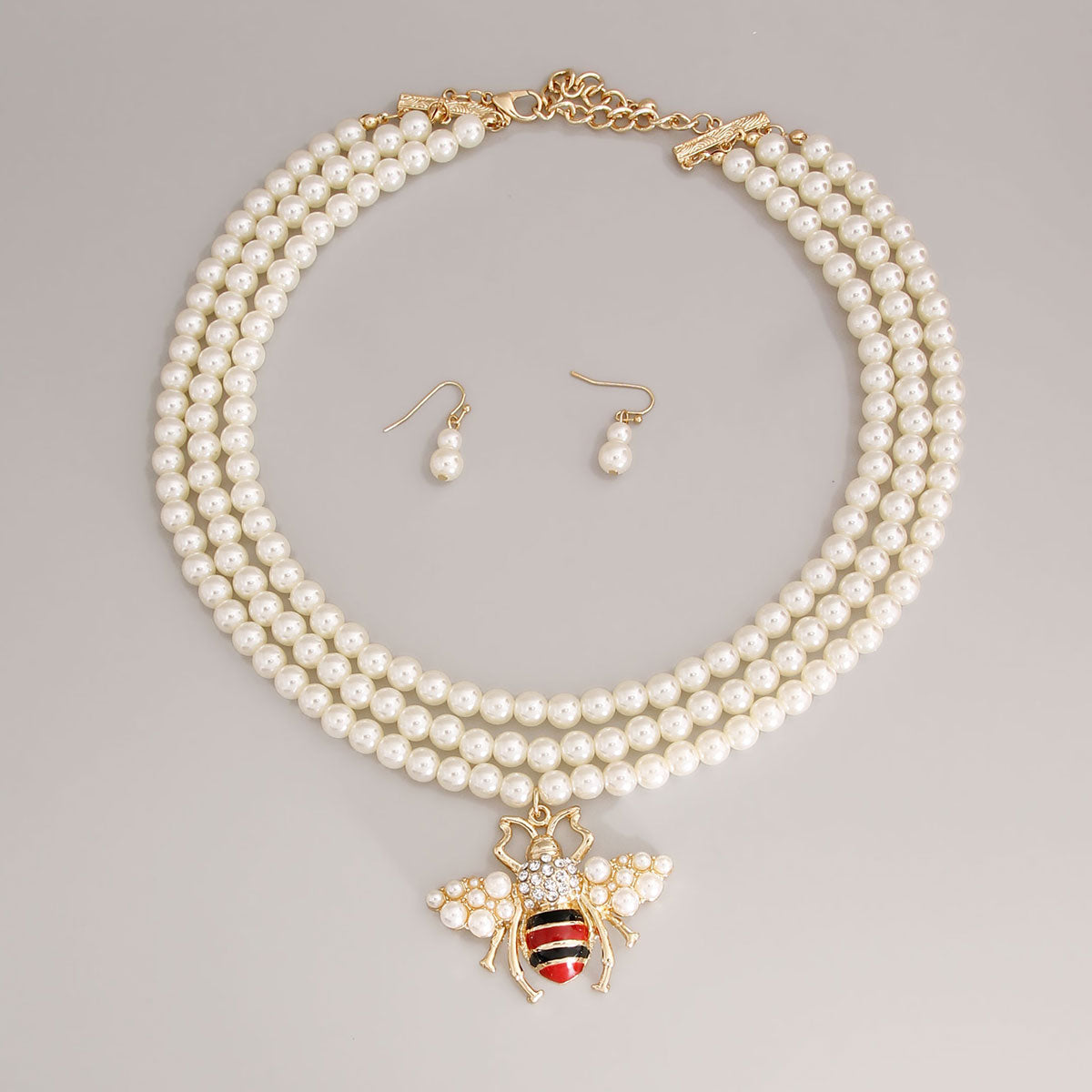Triple Strand Cream Pearl Bee Necklace