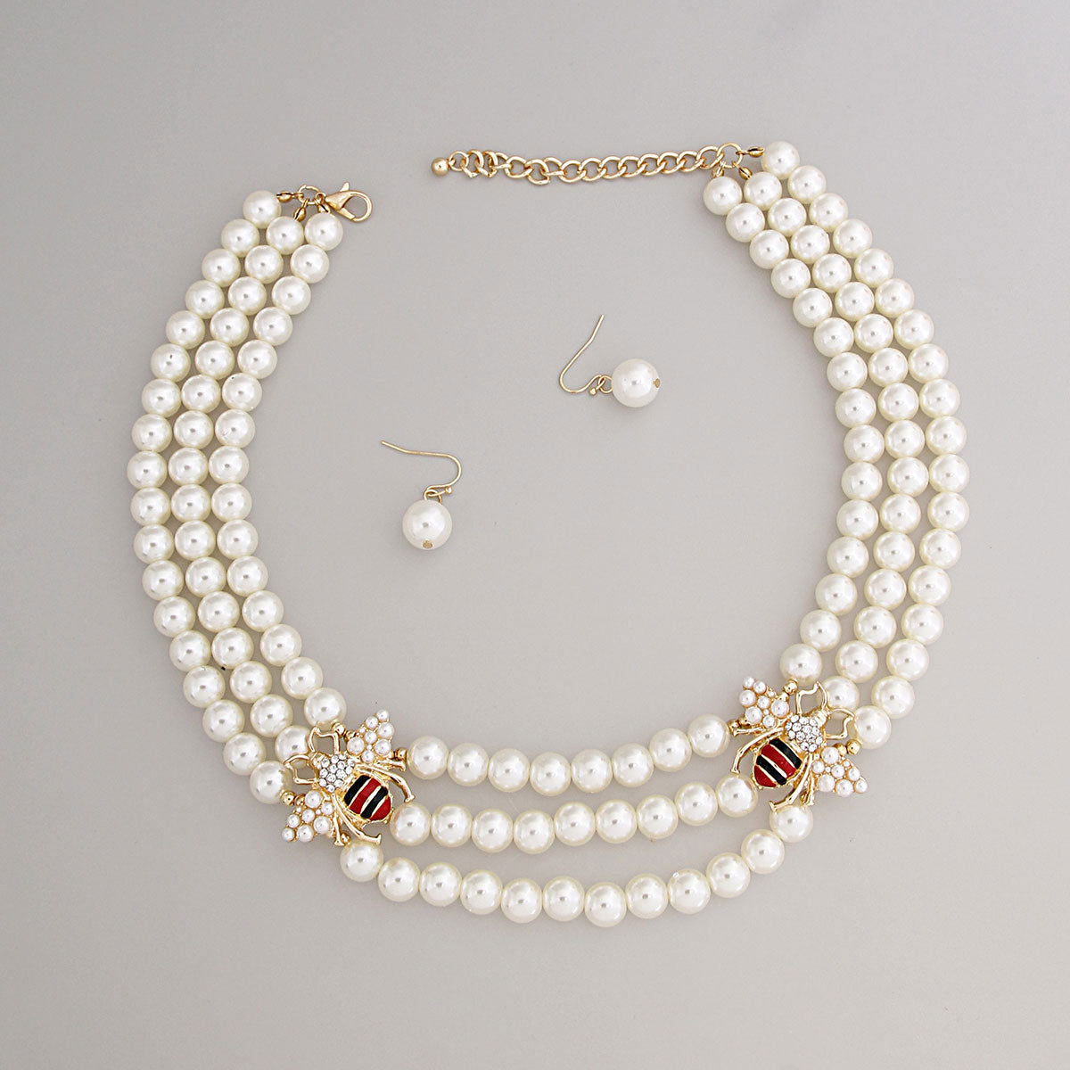 Triple Strand Pearl Striped Bee Necklace