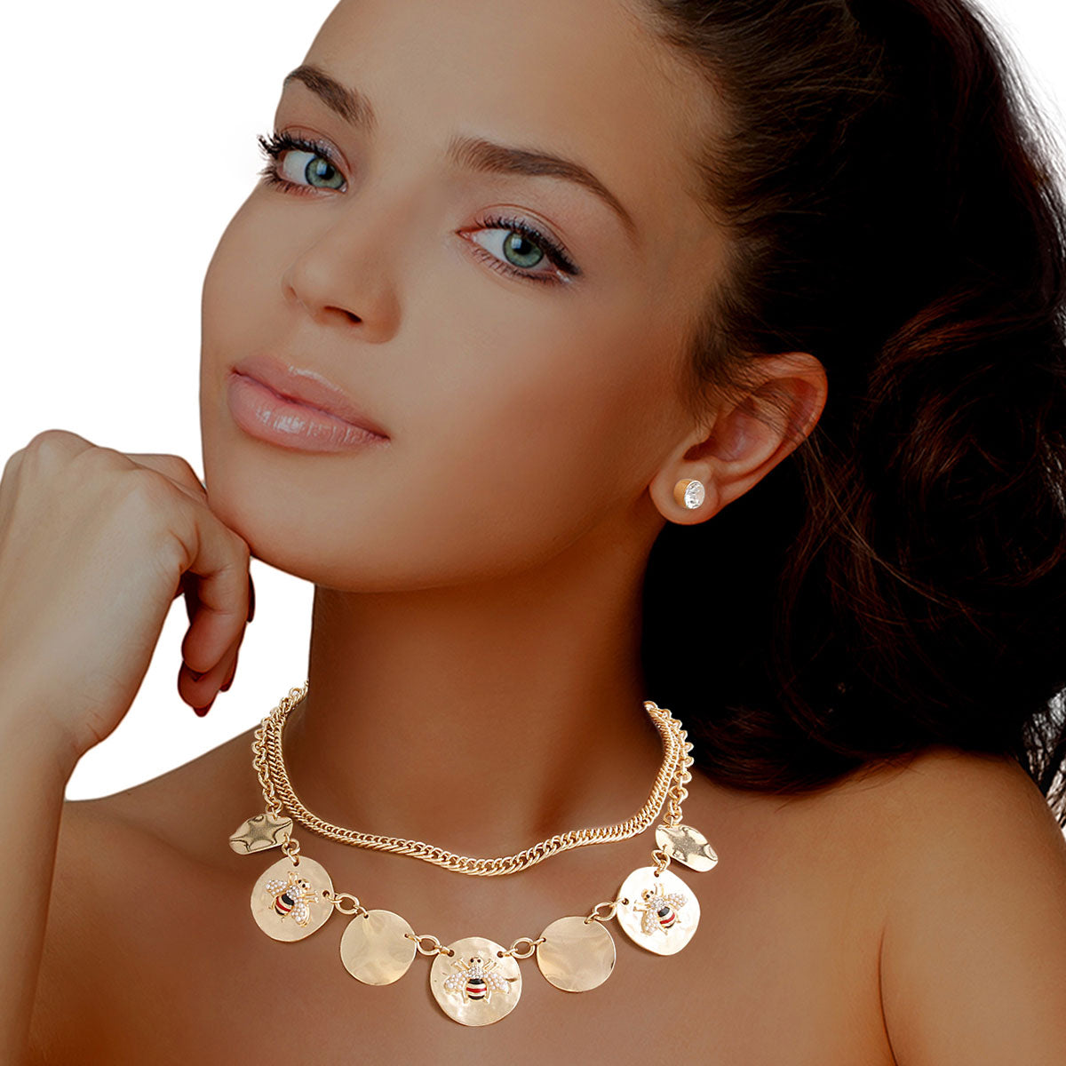 Gold Round Bee Charm Chain Set