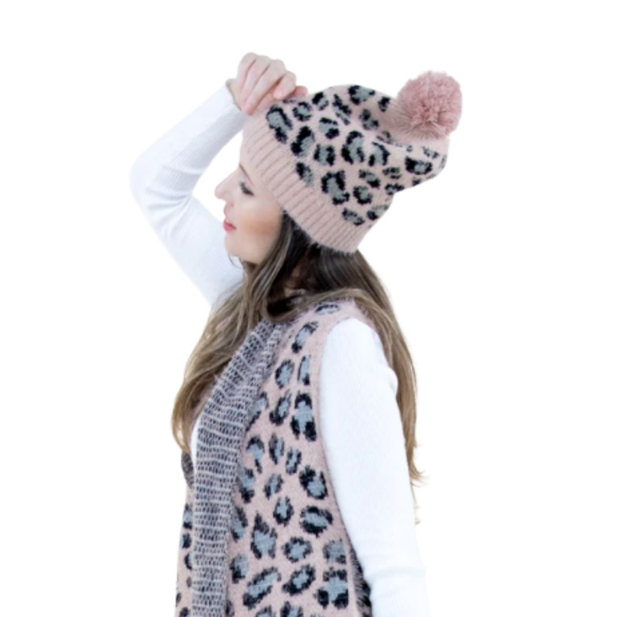 Dusty Pink Eyelash Cheetah Beanie