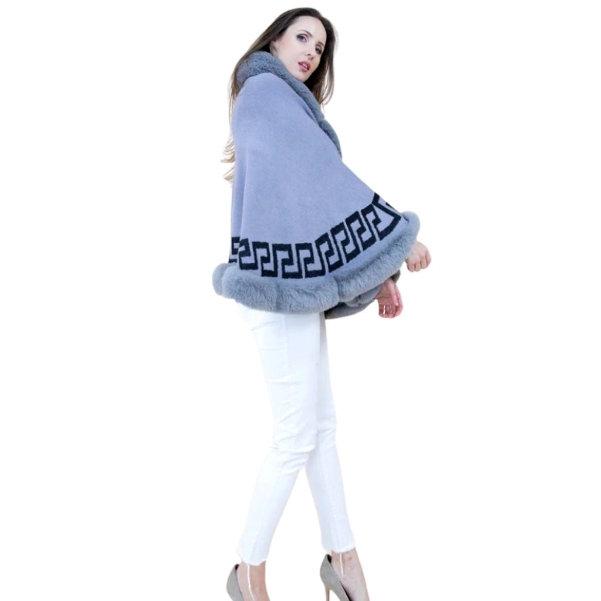 Gray Faux Fur Greek Key Ruana