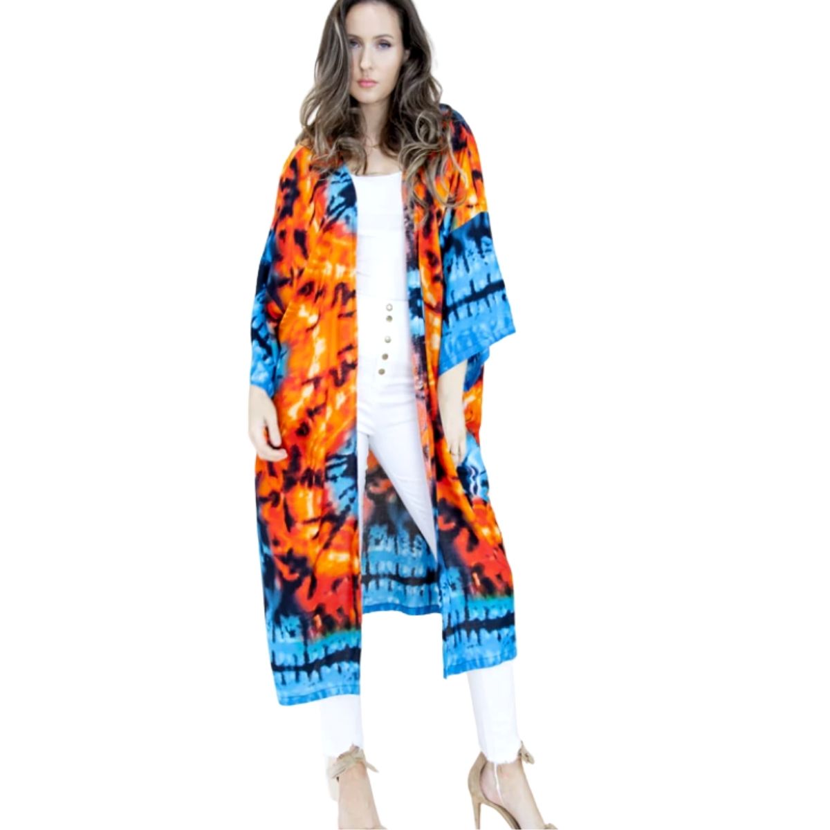 Orange and Blue Tie Dye Long Kimono